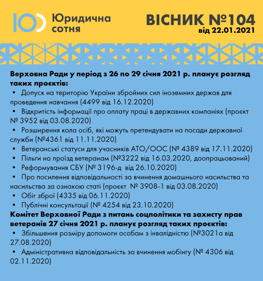 У період з 26 по 29 січня 2021 року на засіданнях Верховної Ради України планується розгляд таких проєктів